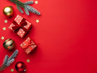 Gold Christmas tree decoration with red ribbon, gifts, and ornaments for the holiday season celebration