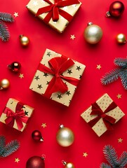 Christmas gift boxes with festive decorations and ribbons