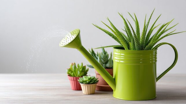 Bright green watering can with plants and garden tools on wooden table ready for gardening tasks