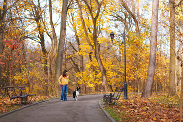 Fototapeta premium Woman walking her cute dog in autumn park