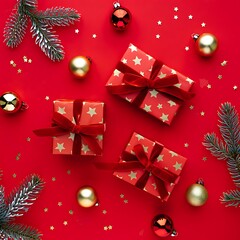 Christmas holiday season background with decorated tree, golden gift boxes, and festive red ribbons