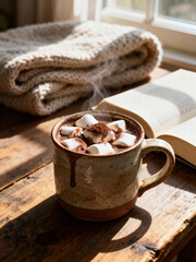 Handcrafted rustic ceramic mug filled with rich hot chocolate topped with melting marshmallows and cocoa powder
