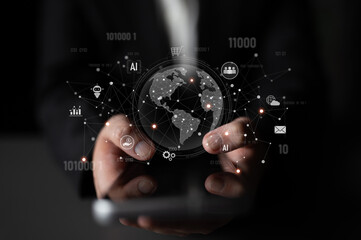 Global AI-powered digital network ecosystem connecting data, finance, analytics, ecommerce, communication, and automation across continents through technology and cloud Latch