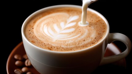 Obraz premium Pouring milk in cappuccino creating latte art on dark background