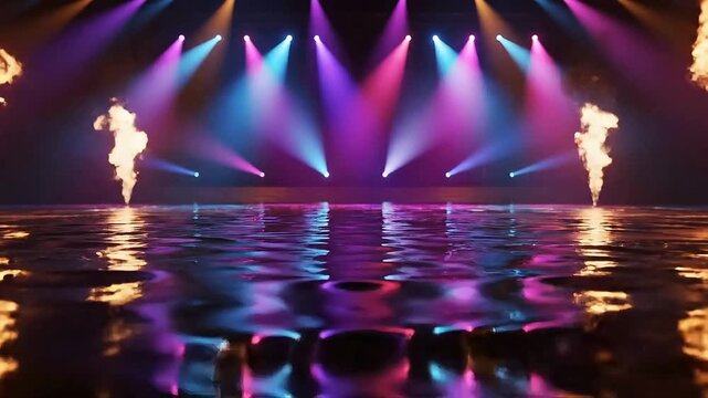 Dynamic stage performance with vibrant lights and pyrotechnics creating an exciting visual experience for entertainment events and concerts