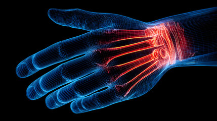 Detailed hand anatomy with vibrant nerve pain radiating through the wrist for medical imagery and visualizations