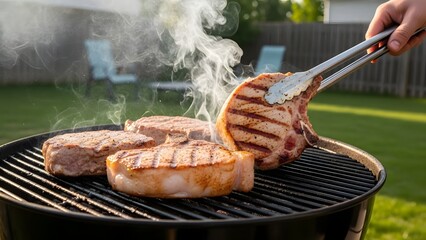 The Art of the Grill: Close-up on the sizzle of grilling meat, capturing the essence of a summer BBQ, the artful play of a chef's hand.