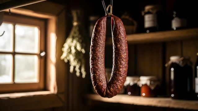 Rustic Sausage: A rustic interior, where a freshly cured sausage hangs from a hook, radiating a sense of warmth and tradition. - Powered by Adobe