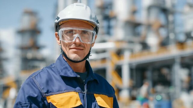 314Close-up of worker’s face in respirator and goggles, industrial chemical plant background softly out of focus, highlighting personal protective measures