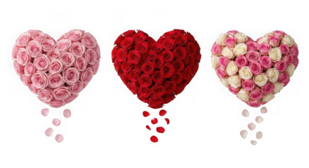 Three heart shaped rose bouquets with falling petals isolated on transparent background