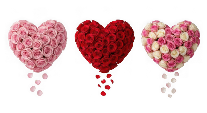 Three heart shaped rose bouquets with falling petals isolated on transparent background