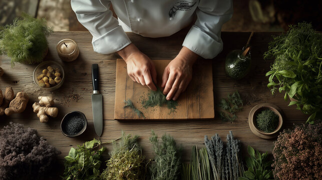 A chef skillfully prepares fresh herbs on a wooden cutting board, surrounded by a variety of spices and greenery, capturing the essence of culinary artistry.
