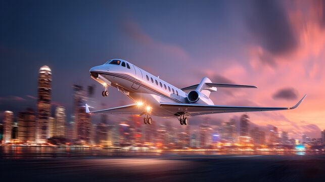 Luxury private jet soars above vibrant city skyline at dusk, offering seamless travel and exclusive experiences for discerning clients