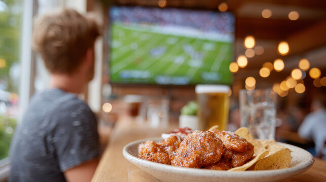 Lively sports bar with fans watching game and enjoying food and drinks