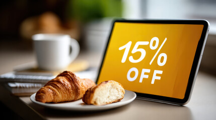 Kitchen workspace with tablet displaying 15 percent discount offer and coffee with croissants