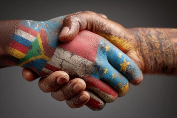 Hands united with vibrant flags symbolizing collaboration and hope among diverse cultures
