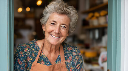 A smiling older woman in a floral dress and apron stands at the doorway of her shop, exuding warmth and welcoming charm.