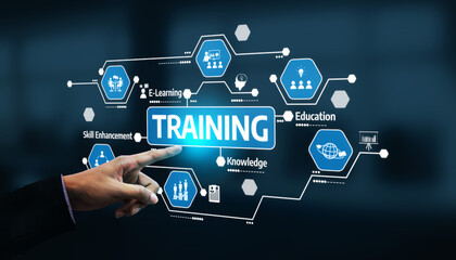 Digital training concept showcasing interactive visuals on e-learning, knowledge enhancement, and skill development, emphasizing modern education and innovation. Tessel
