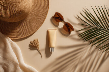 Sunscreen tube straw hat sunglasses palm leaf and fabric arranged on beige background evoking summer vacation tropical relaxation and sun protection essentials