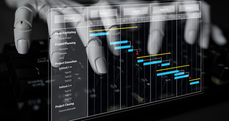 A close-up view of hands interacting with a digital project management interface, displaying a Gantt chart for effective planning and execution of tasks and timelines. Tessel