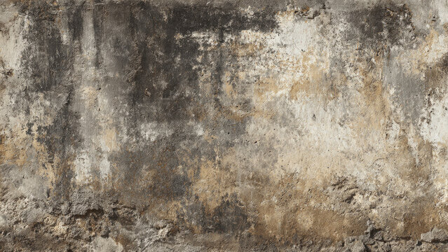 Highly textured, weathered concrete wall with extensive aging, peeling paint, and dark moisture stains. A distressed surface showcasing a rustic, grungy background with varied earthy tones.