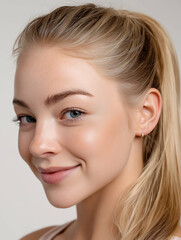 Naklejka premium Natürliches Beauty-Portrait mit sanfter Beleuchtung und freundlichem Gesichtsausdruck