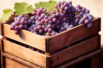 Freshly harvested ripe red grapes overflowing from a rustic wooden crate