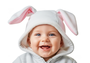 Happy cheerful baby wearing a white bunny ear hood smiling broadly isolated on transparent background
