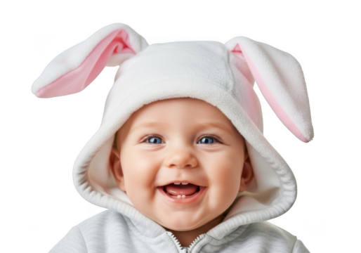 Happy cheerful baby wearing a white bunny ear hood smiling broadly isolated on transparent background