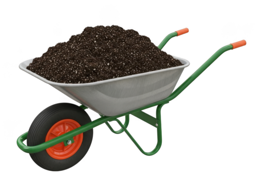 A single wheelbarrow filled to the brim with dark, rich soil or compost, isolated on transparent background