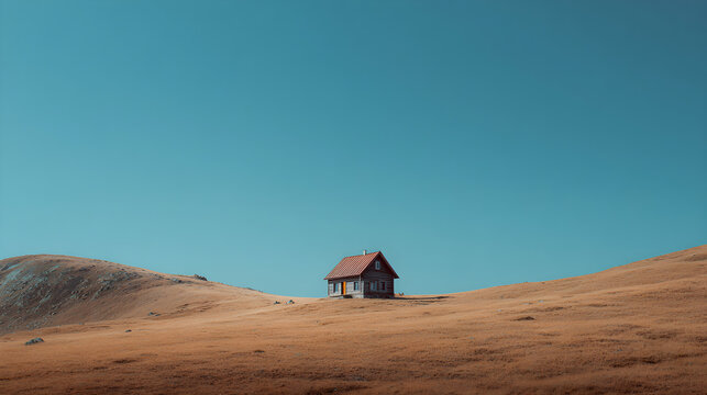 Secluded cabin atop golden hill under vast blue sky, offering serenity and escape for peaceful retreats and nature getaways