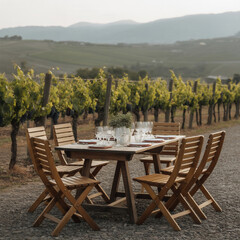 Rustic Outdoor Vineyard Dining Experience Set on a Gravel Surface with a Tranquil Mountain Backdrop