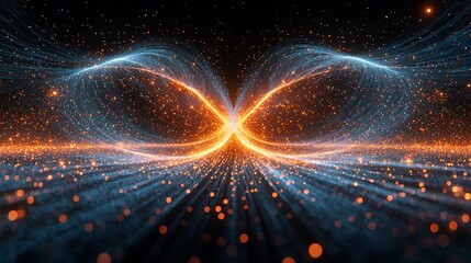 Abstract background with glowing orange and blue light trails and sparkling particles in the dark