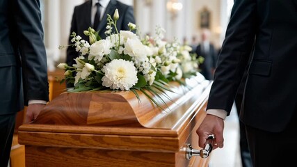 close up of people in formal suits carrying a wooden casket adorned with white flowers as they walk slowly down a church aisle during a funeral