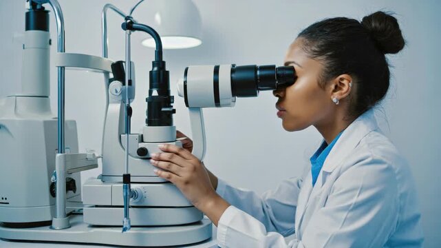 A woman wearing a white coat is using an ophthalmoscope to examine someone's eye, the importance of routine vision checks and professional medical attention.