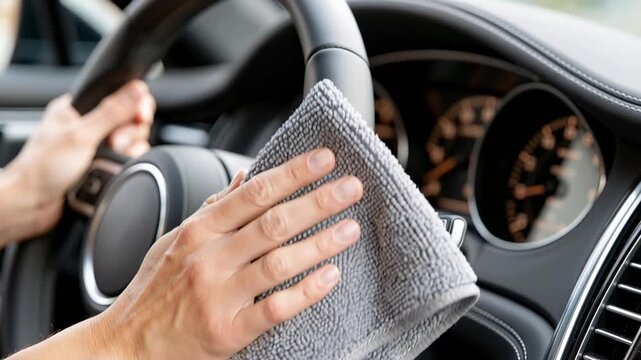 close up of a person wiping the car dashboard and steering wheel with a gray microfiber cloth for interior cleaning and maintenance