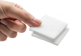 Closeup of a persons hand holding a small stack of white square cotton pads against a pure transparent background for cosmetic or medical use