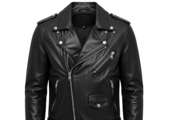 Classic black leather motorcycle biker jacket with silver hardware isolated on transparent background