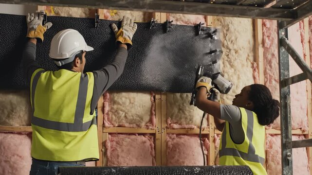 Team Installs Insulation on Interior Wall of Building Under Construction