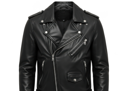 Classic black leather motorcycle biker jacket with silver hardware isolated on transparent background