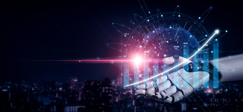 Futuristic depiction of a digital handshake representing global partnership and growth, set against a cityscape with vibrant data visuals. Impute