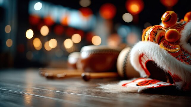 Vibrant chinese dragon mask on wooden stage for cultural festivities