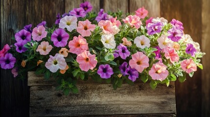 A vivid display of blooming pastel petunias overflowing from a rustic wooden planter