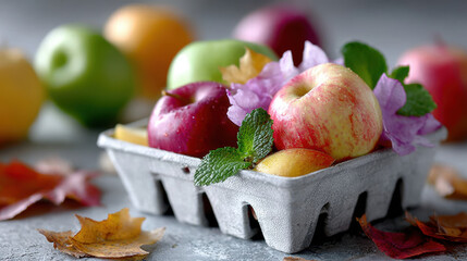 Creative recycling icon with fruit and vegetable peels surrounded by apples and autumn leaves