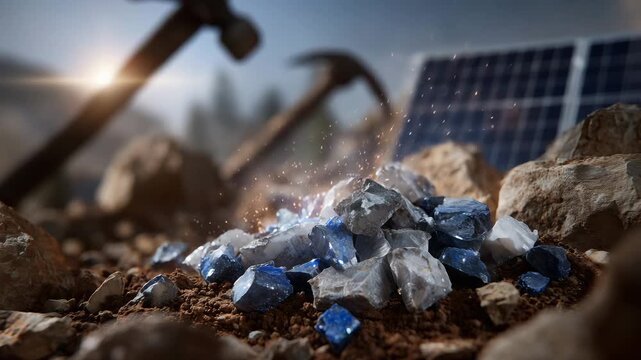 Artistic macro of cobalt, lithium, neodymium, and copper scattered on rocky soil, mining tools nearby, industrial solar and battery icons glowing subtly in the background
