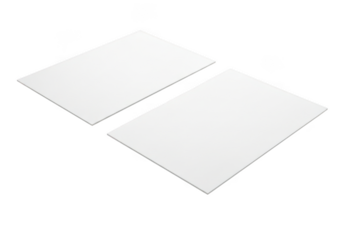 Two blank white rectangular sheets of paper or cardstock mockup floating in perspective isolated on transparent background