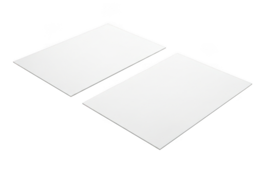 Two blank white rectangular sheets of paper or cardstock mockup floating in perspective isolated on transparent background