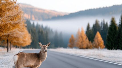 Deer on forest highway with warning triangle and reflective brightness in tranquil surroundings
