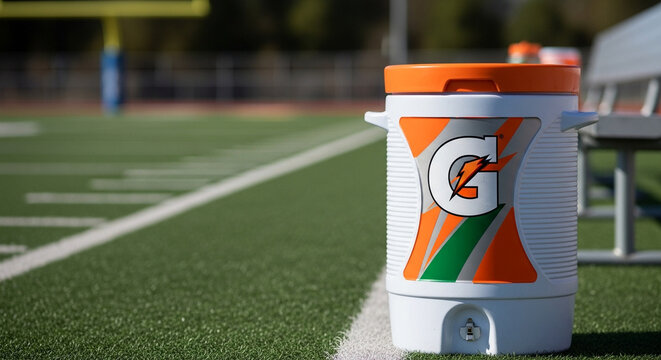 Gatorade cooler on football field next to bench in bright sunlight  