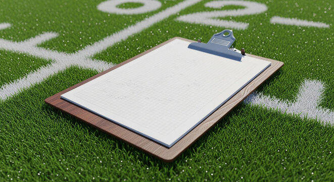 Blank clipboard resting on green turf field for sports coaching